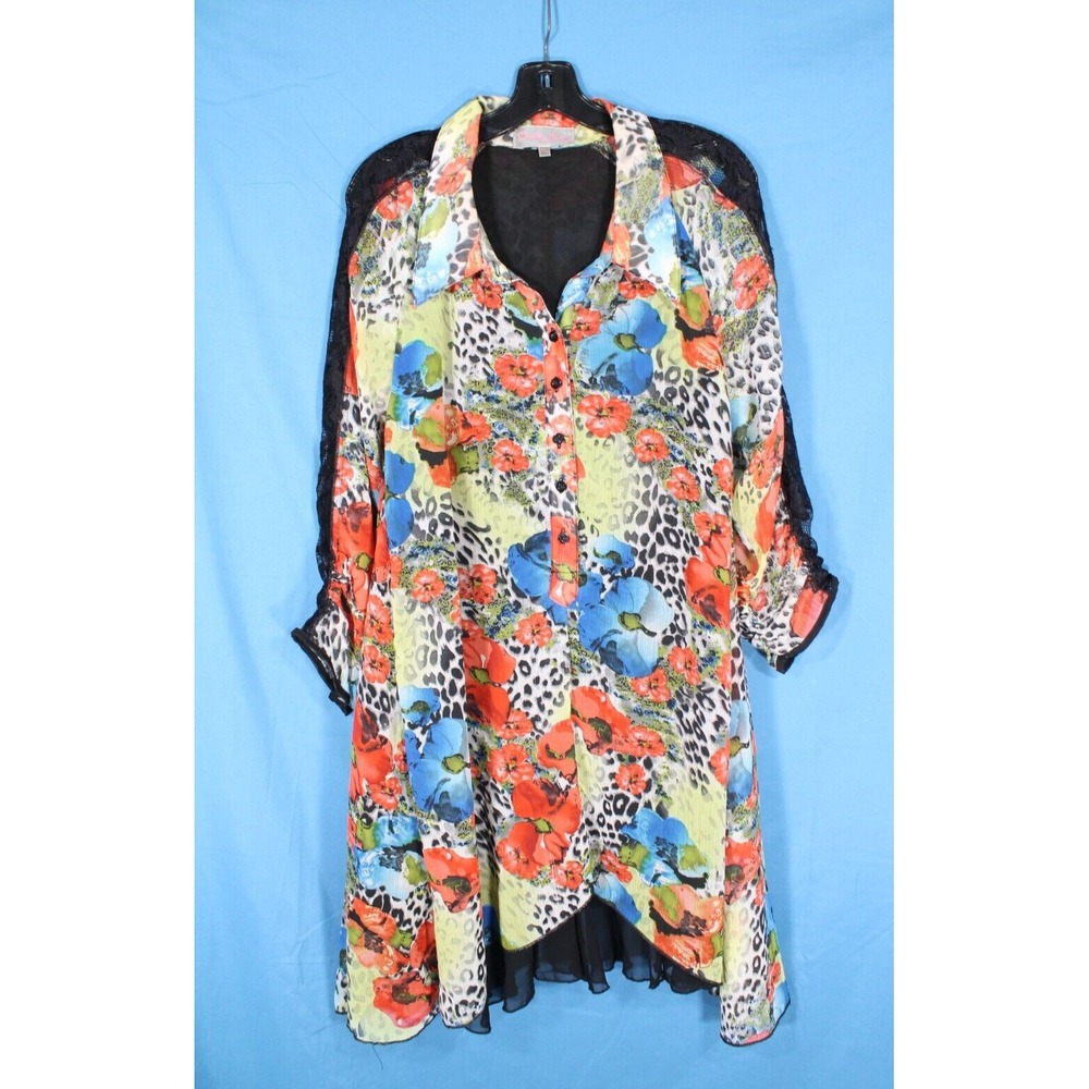 PRETTY ANGEL 1/2 Button LINED SILK Lace Detail ANIMAL & FLORAL A-Line Dress XL